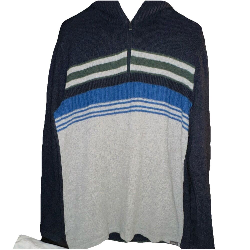 Eddie Bauer Men’s Tall Medium 1/4 Zip Knit Sweater Blue Gray Striped Pullover